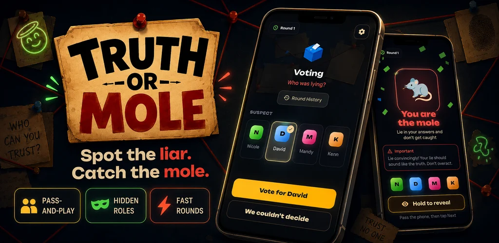 Original Truth or Mole voting and hidden-role app screens.